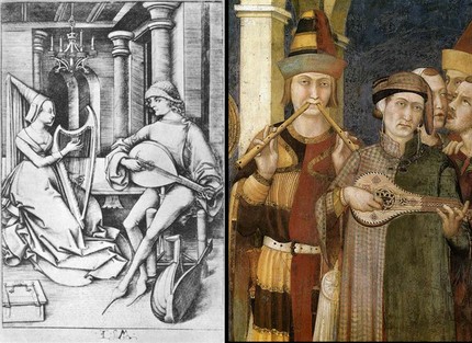 ©  Meckenem, The Lute player and the harpist (1490); Simone Martini, (1312-17, деталь фрески)  ⁄  Web Gallery of art