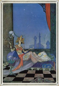 Scheherazade Went on with Her Story, illustration from Arabian Nights (1928) by Virginia Frances Sterret.